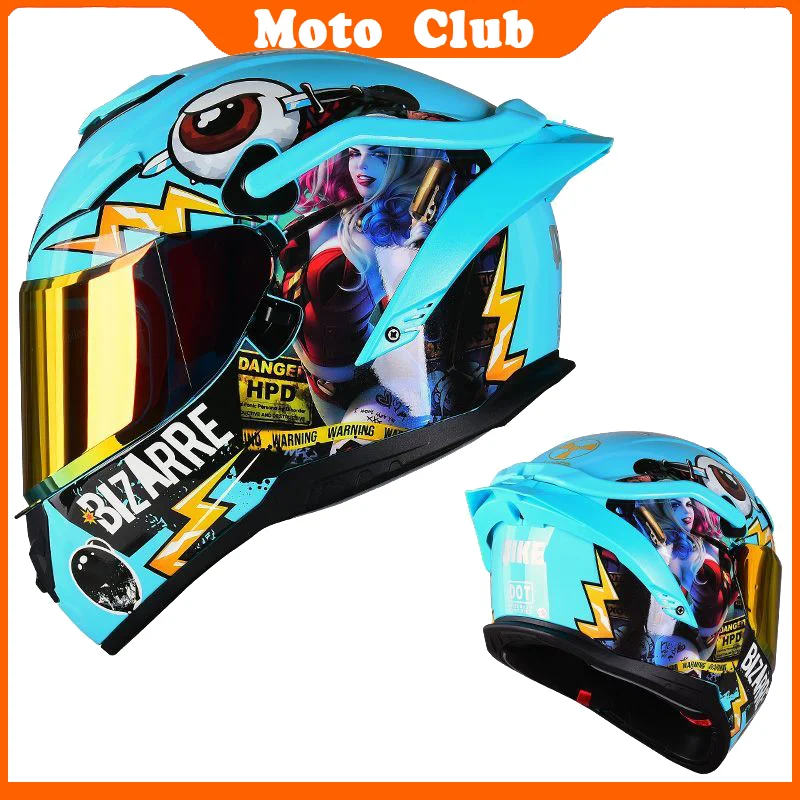 Motorcycle Full Face Helmet Large Tail Fin and Double Lens Motorcycle Racing Full Coverage Safety Helmet Summer Cascos Para Moto