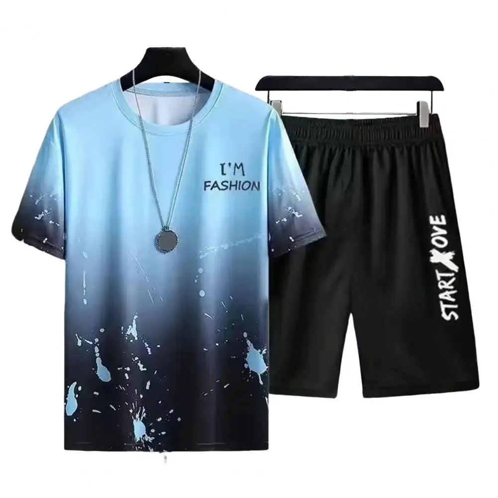 2 Stück Set Kurzarm Trainings anzug Männer lässig Strand Shorts Outfit Eis Seide Männer Farbverlauf Farbe Brief druck T-Shirt Tops Jogging hose