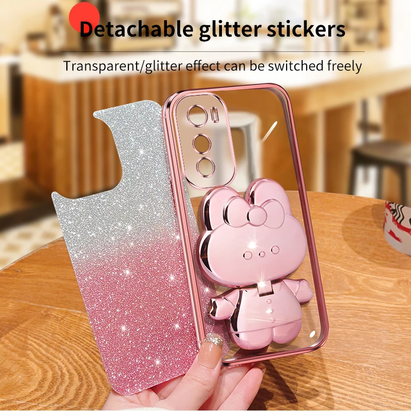 edge20 Glitter Rabbit Makeup Mirror Holder Case For Motorola Moto Edge G8 G9 Play 20 30 Plus Soft Cover E7 E6S E22 E32 E13 G 8 9