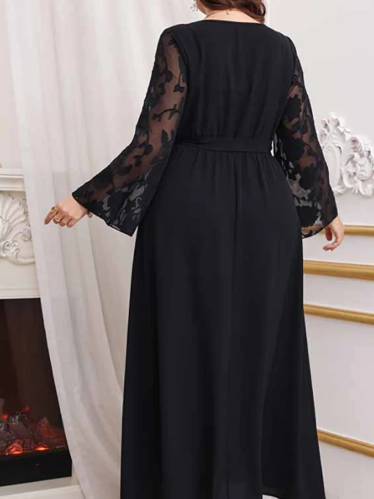 Classy Black Women A-Line Party Dress O Neck Lace Patchwork Long Sleeve High Waist Elegant Loose Gowns Plus Size 4XL 2024 New In