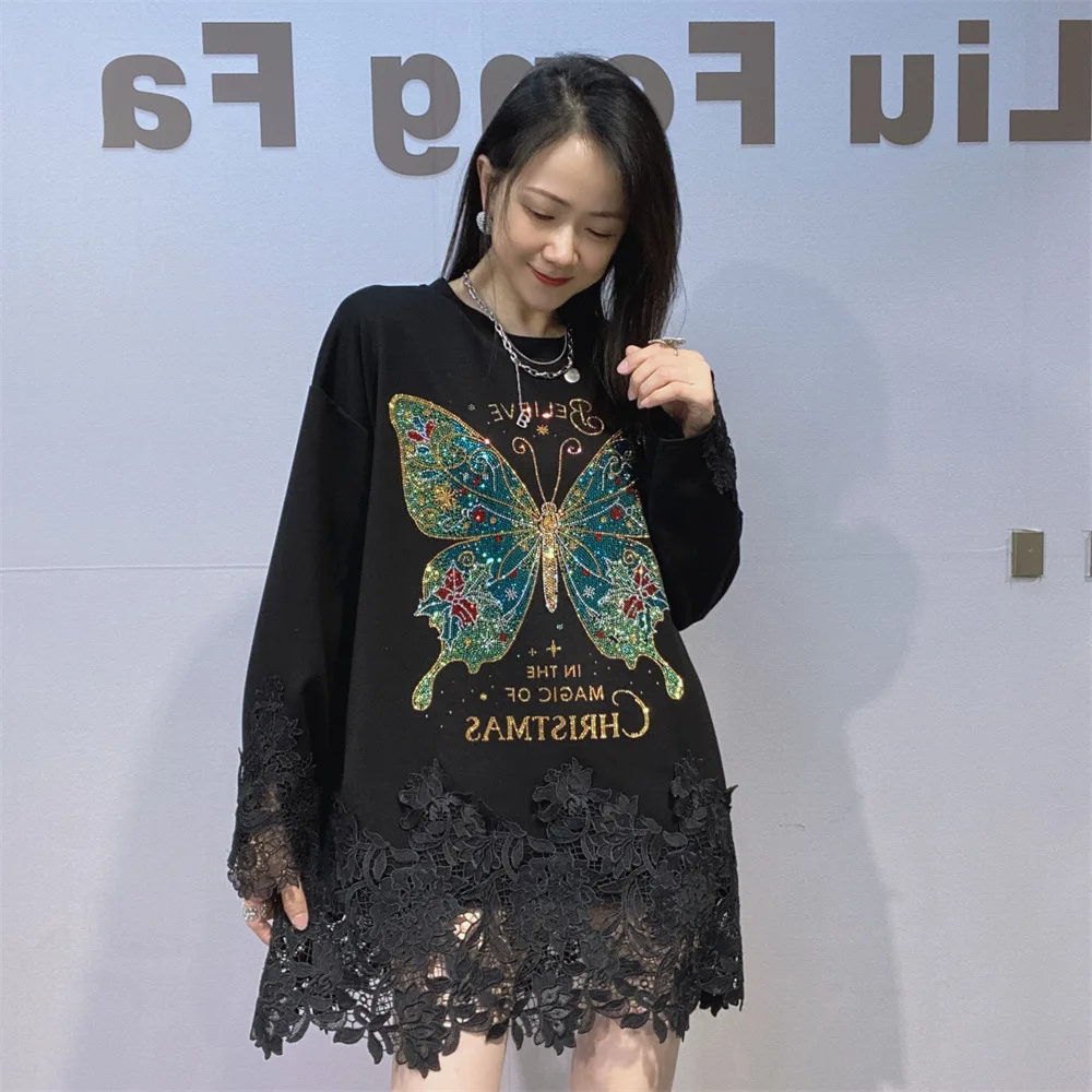 

Oversize T Shirts Women Clothing Butterfly Diamonds Spliced Lace Side Loose Long Sleeve Casual Knitted O Neck Female Tops Tee