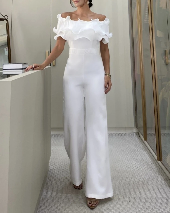 White Ruffle Edge OneNeck Off Shoulder Shoulder Card Shoulder ShortSleeved Pleated High Waisted Slim Fit Wide Leg Pants Jumpsuit