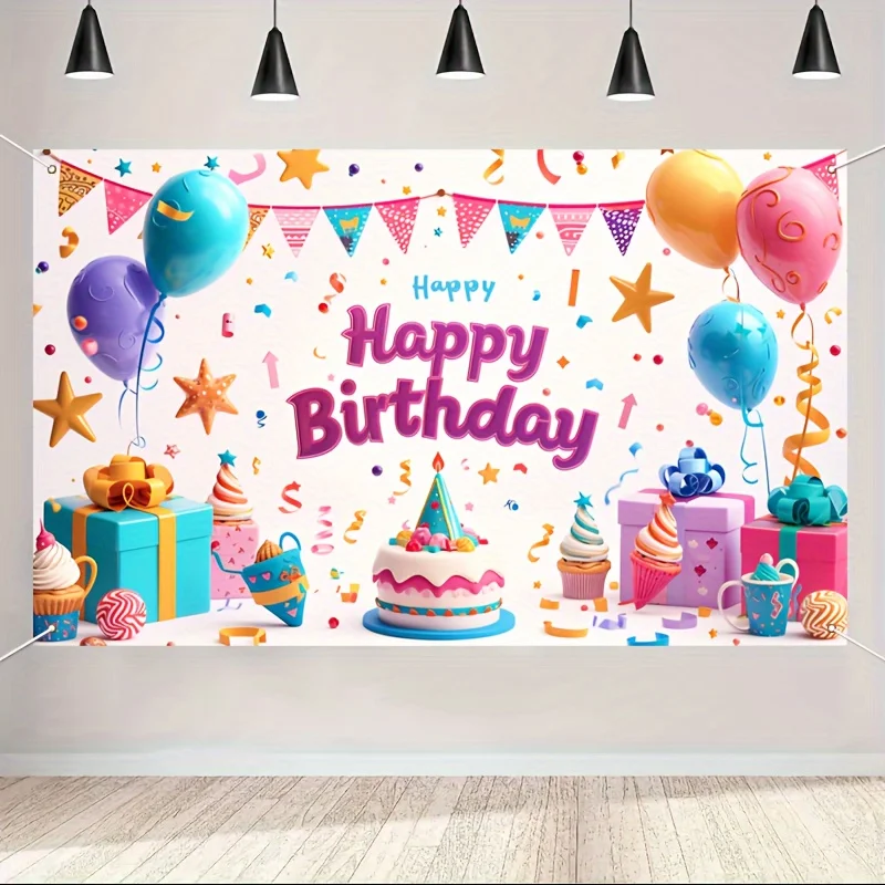 Colorful Large Happy Birthday Banner - Indoor/Outdoor Party Decoration with Birthday Theme featuring Balloons, Cakes, and Gifts