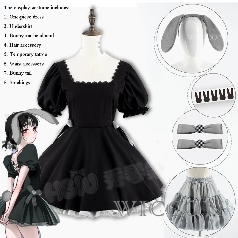 Disfraz adulto conejito alienígena escenario Mizi Sua Cosplay Aniplus café vestido negro traje disfraces de halloween