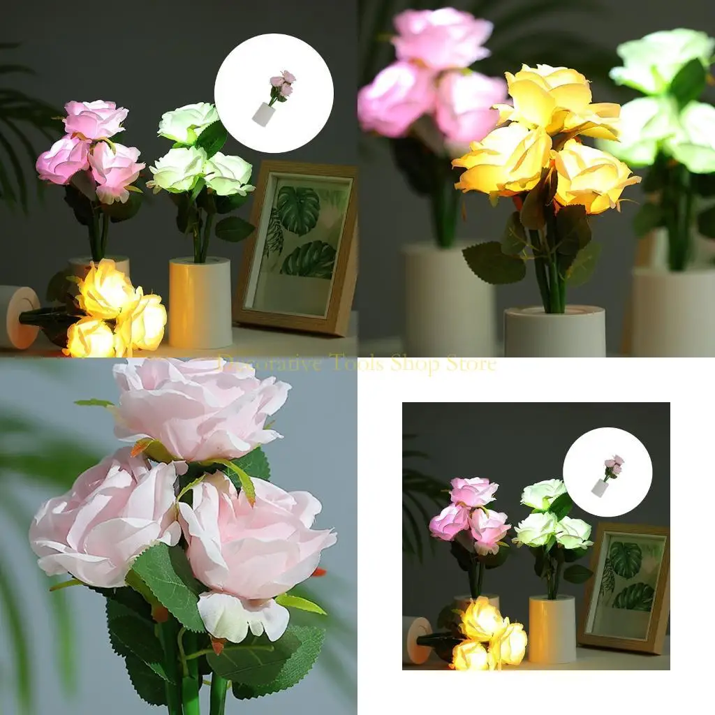 QX2E Realistic Rose Flowers Night lights Energy Efficient Operated Eye Caring Bedsides Lamp Home Decors Gift Nightlight