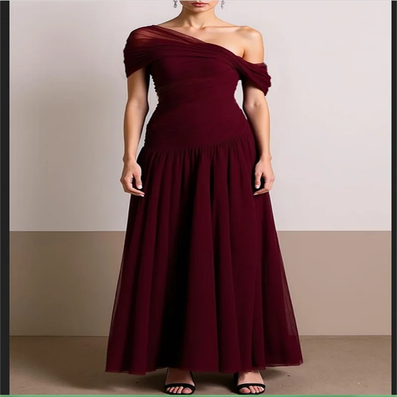 Vestido de noche largo para eventos, vestidos formales de graduación, vestido plisado de alta calidad 2025, vestido Maxi con hombros descubiertos Cabernet