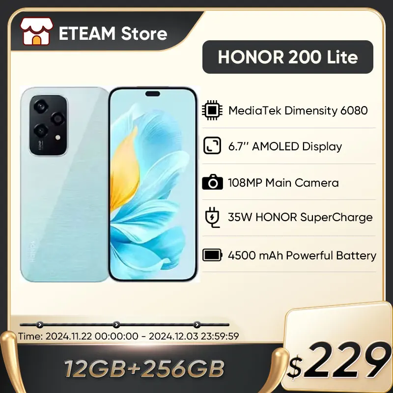 2024 Global Version HONOR 200 Lite 12GB+256GB ROM 5G Smartphone Mediatek Dimensity 6080 6.7''  AMOLED Display 108MP Main Camera