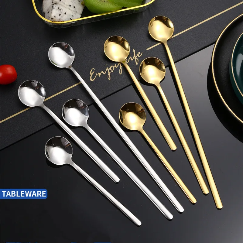 Stainless Steel Long Handle Coffee Stirring Spoon Small Ice Cream Dessert Round Head Scoops Kitchen Tableware Cafe Accessories