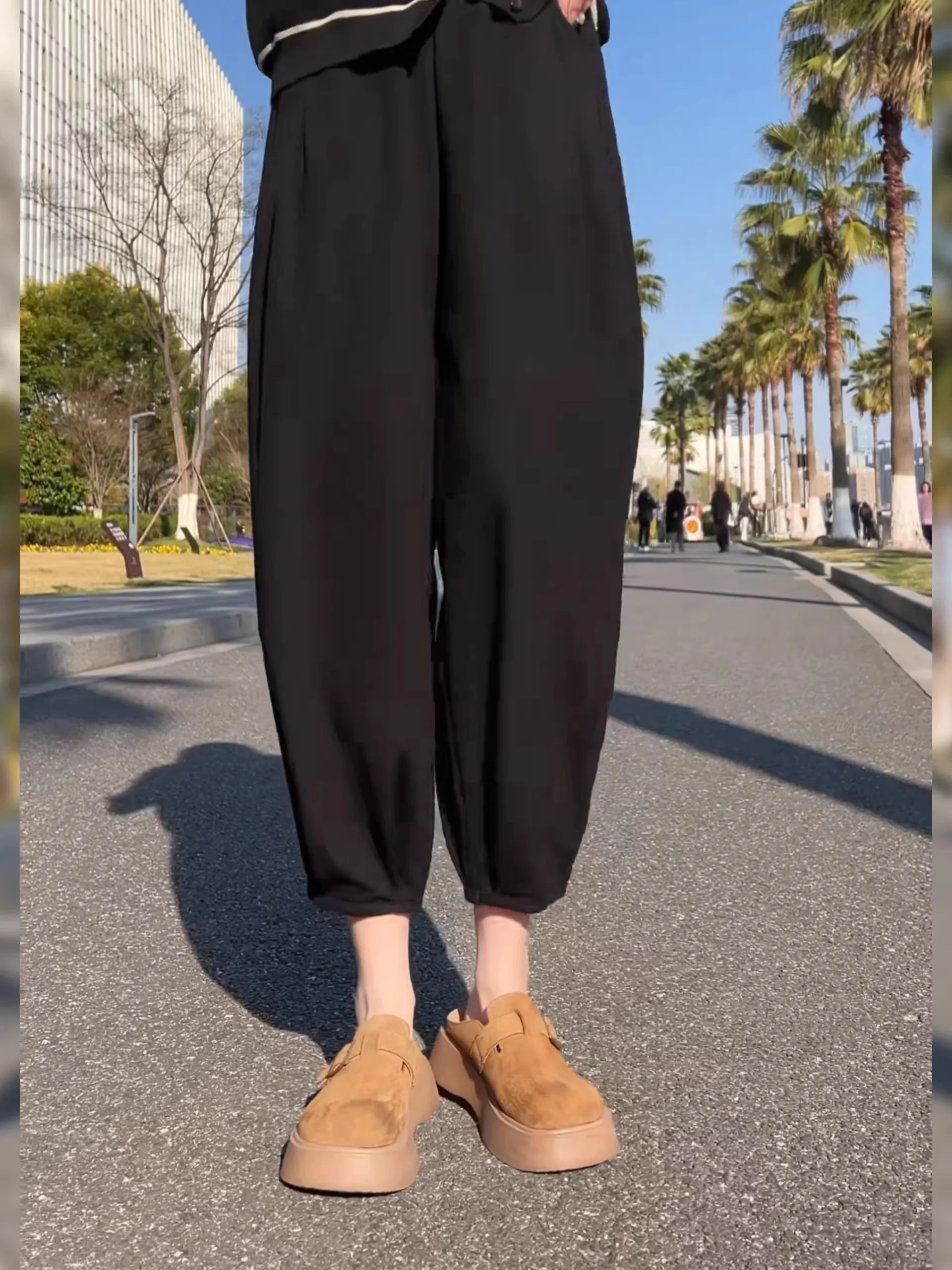 Black High Waist Casual Pants Women's plus Size Hide Meat Loose Harlan Nine Points Pants Korean Style Commute Pure Color