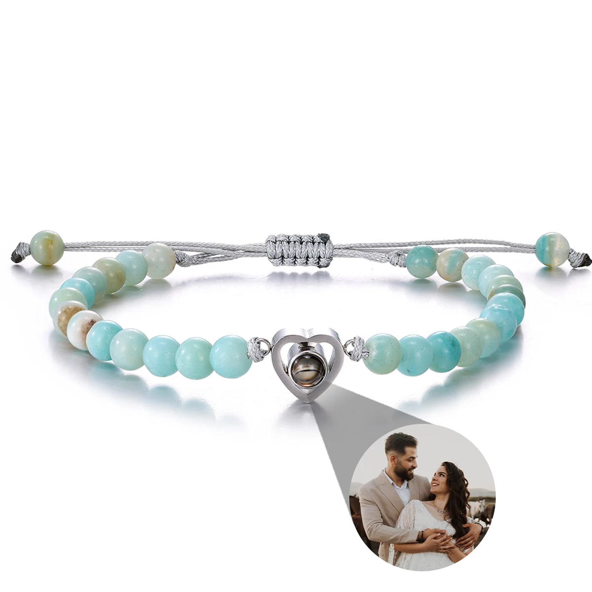 6mm Natural Stone Bracelet with Custom Photo Projection Bracelet Personalized Natural Beads Heart Bracelet Jewelry Gift