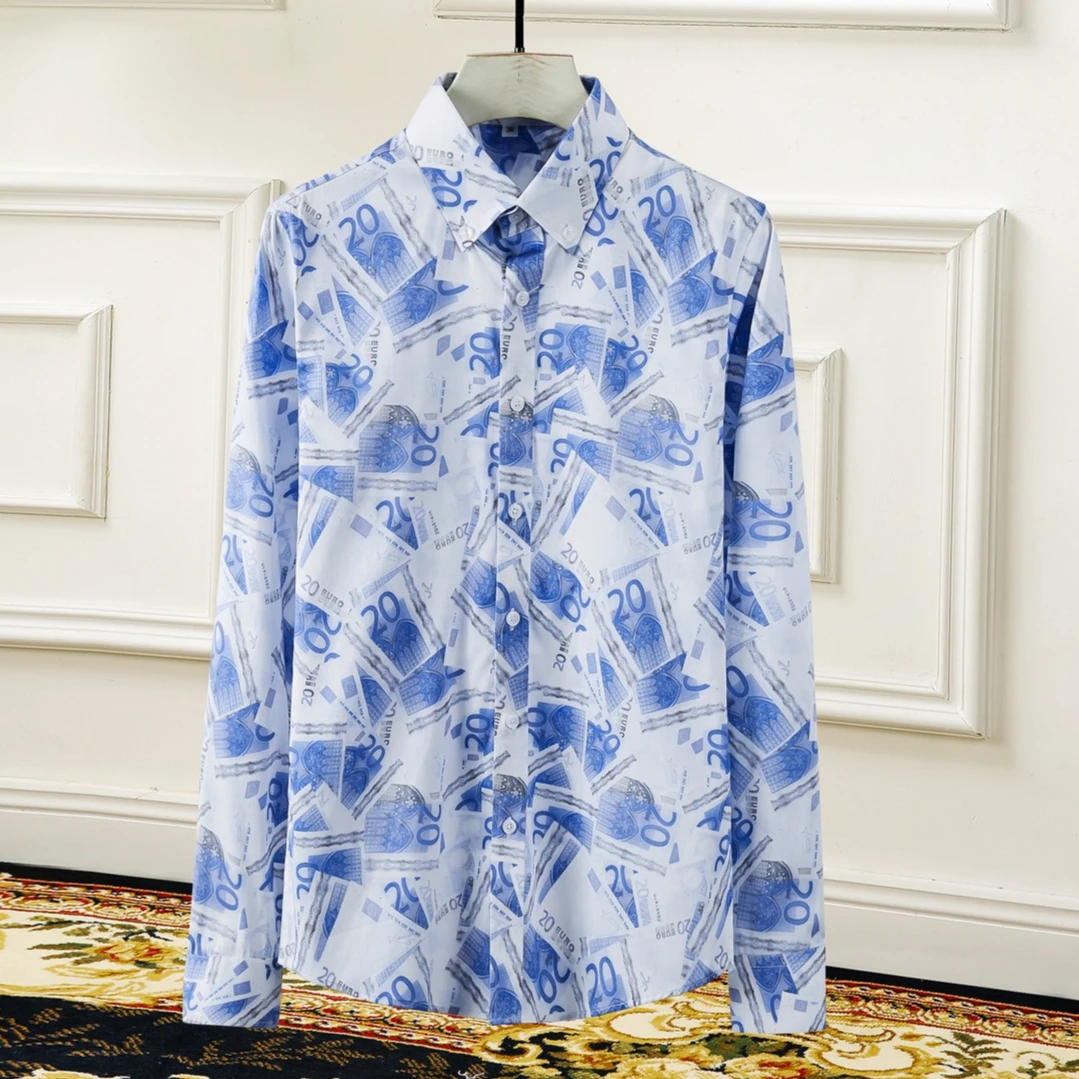 

2025 Autumn USD Printed Men's Shirt High Quality Long Sleeved Slim Fit Casual Shirt Social Banquet Stage Performance Costumes