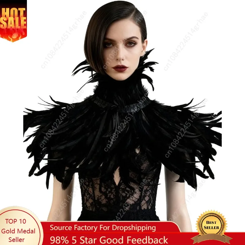 

L'VOW Women's Real Nature Feather Shrug Cape Lace Shawl Collar Witch Cosplay Costumes for Halloween Carnival