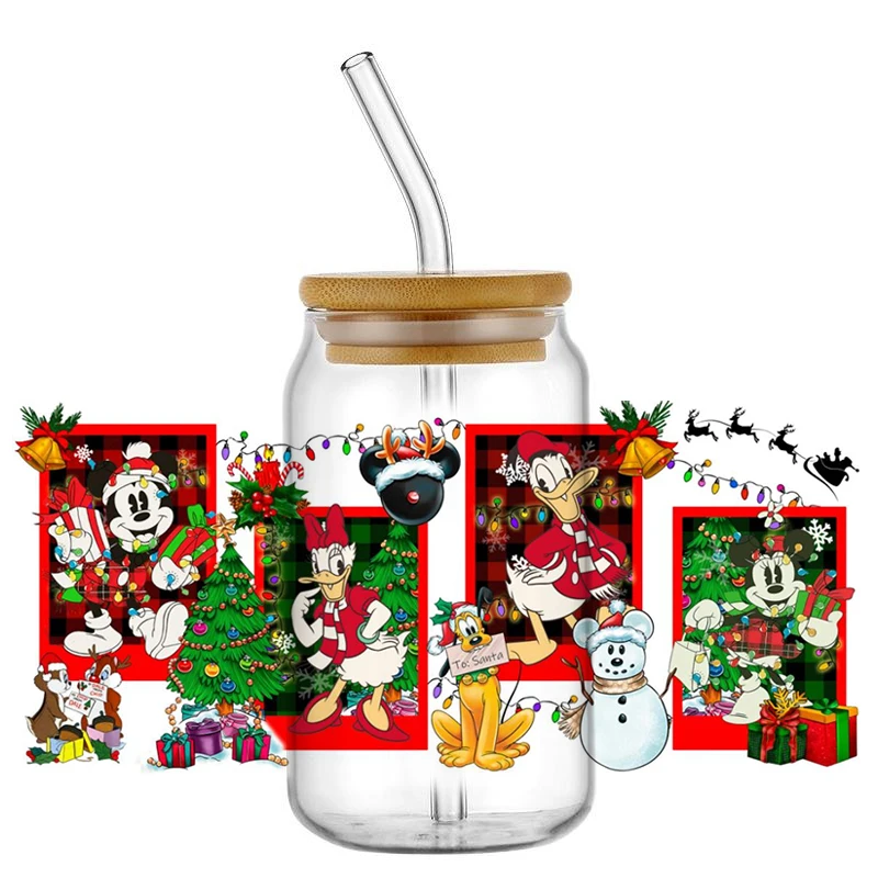 Miniso Cartoon Mickey Merry Christmas UV DTF Cup Wrap Transfer Stickers Zmywalne naklejki na szklaną puszkę Libbey 16OZ DIY Naklejki na kubki