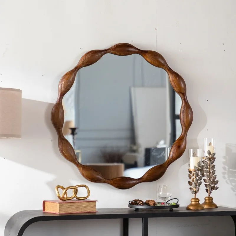 

Wooden Wavy Frame Wall Mirror Decorative Round Mirror for Living Room Bedroom Home Wall Decor Furniture