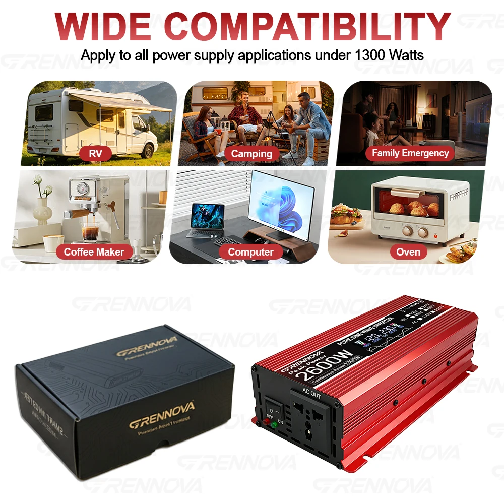 500W-2600W Peak Pure Sine Wave Inverter Real 400W-1300W Continuous DC 12-60V To AC 110V 220V Powers Fridge Drill & Camping Gear