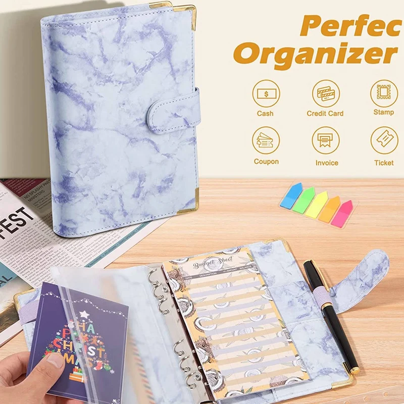 A6 Binder Notebook, Marble Ring Binder With Clear Plastic Binder Covers, Budget Sheets, Label Stickers, Binder Bag