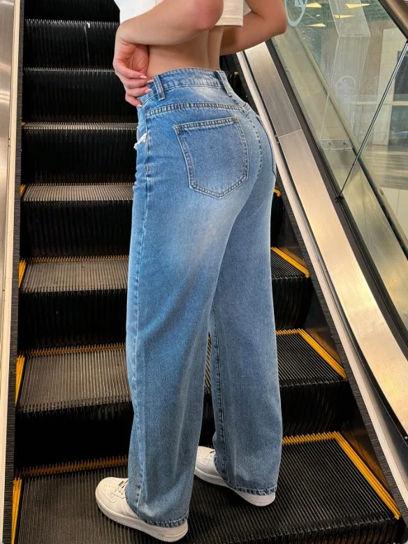 

Straight leg jeans for women, loose fitting with beaded lace, new style, slimming design, spring and autumn design