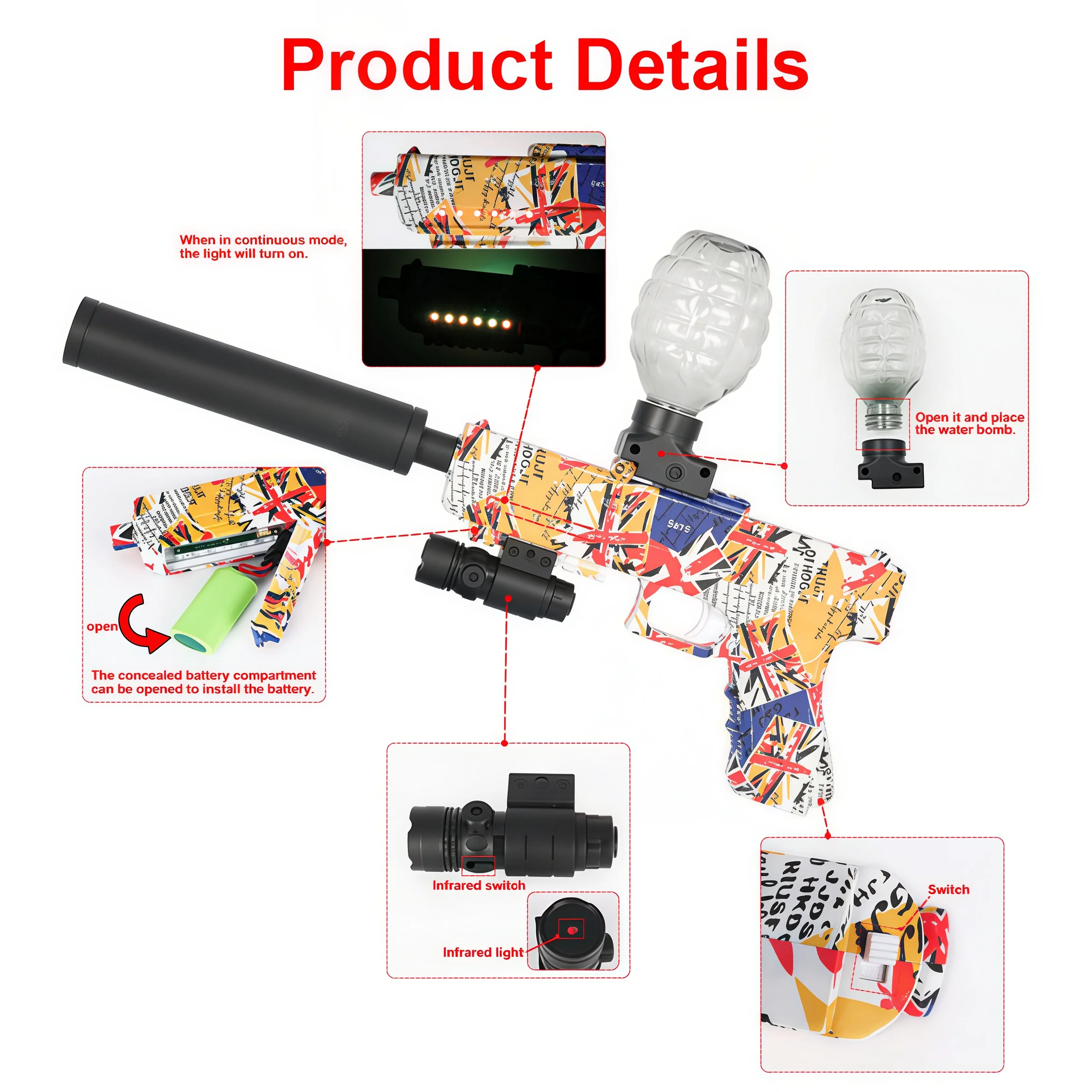 Pistola eléctrica de chorro de bolas de gel, disparo continuo de velocidad recargable, adecuada para juegos de disparos al aire libre (boletas excluidas)