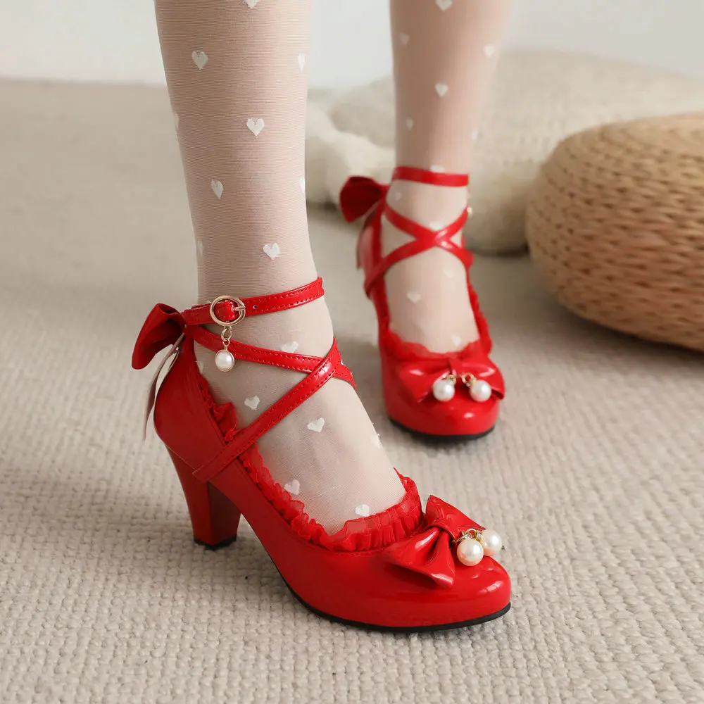 New Arrival Cat Heel Patent Leather High Heels  Butterfly Knot Lace Pearls Vintage Schoolgirl Style Classic Lolita Women Shoes