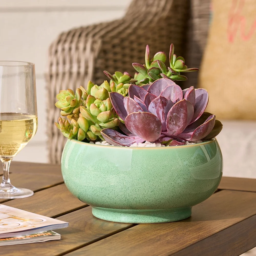 زارع السيراميك الصقيل التفاعلي الأخضر مع الصرف أنيق داخلي وعاء النباتات ديكور الطاولة وعرض الرف