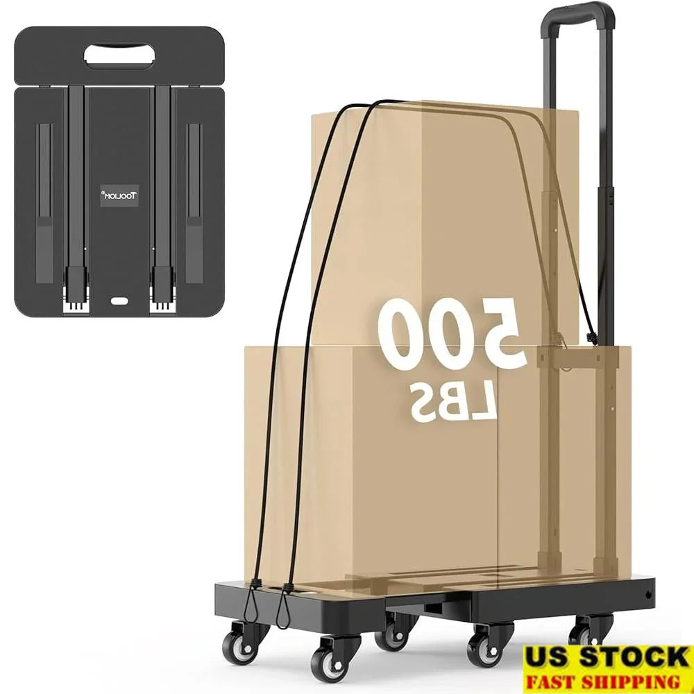 Heavy Duty Folding Hand Truck 500 lbs 6 Wheels Portable Dolly Cart with Elastic Ropes Collapsible Luggage Cart Home Warehouse