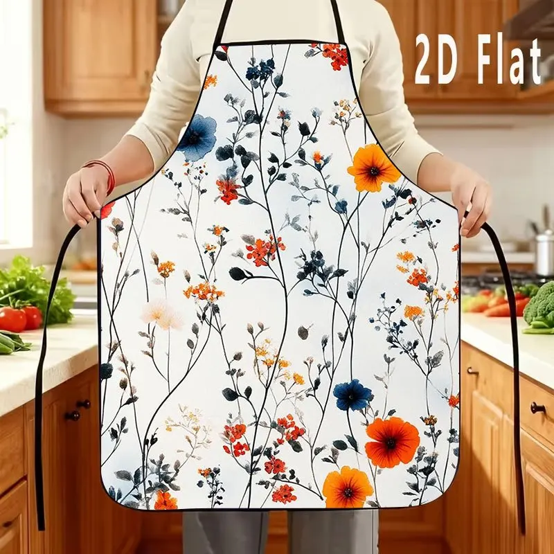 1pc Computer Digital 2D Printed Apron With Flowers, Branches, Leaves, And Vines, Durable Unisex Kitchen Apron, Suitable For Cook