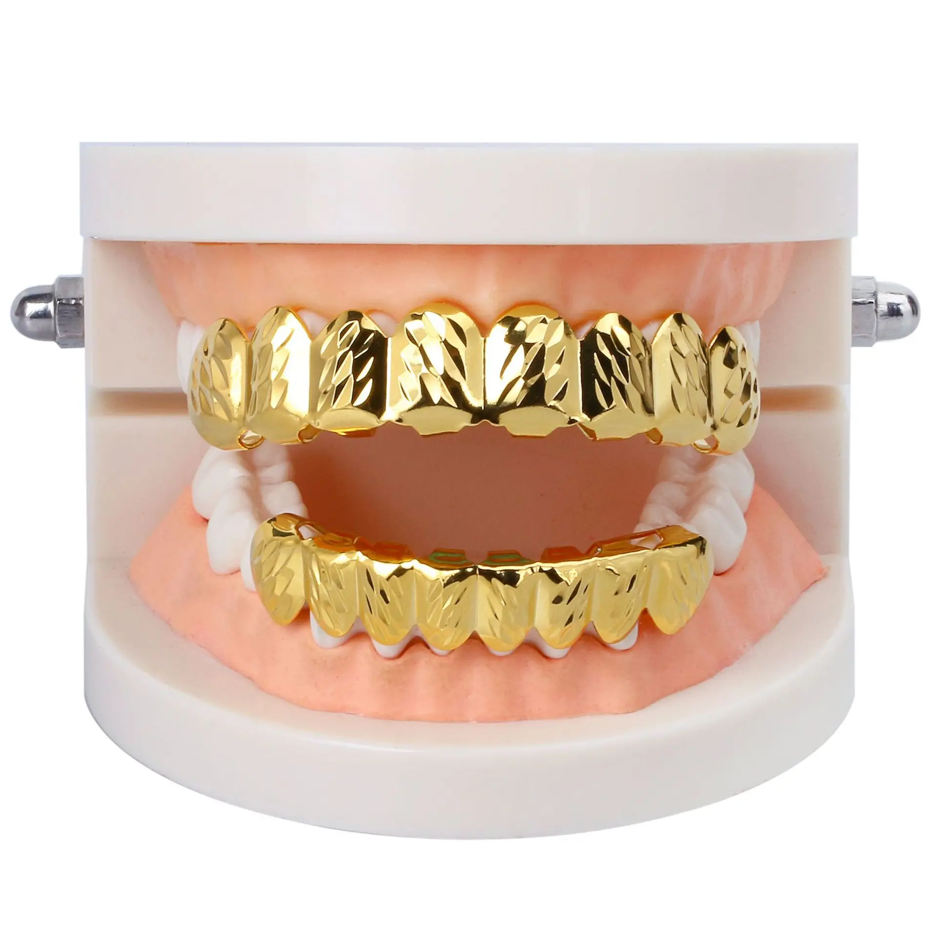 8 Tooth Gold Color Plated Top & Bottom Hip Hop GRILLZ SET for Halloween Christmas Party