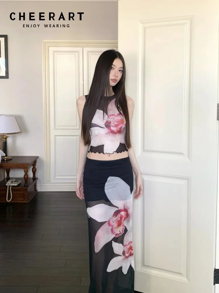 CHEERART Rhinestone Floral Mesh 2 Pieces Set For Woman 2025 Summer Outfit Sleeveless Crop Top And Long Maxi Skirt Matching Sets