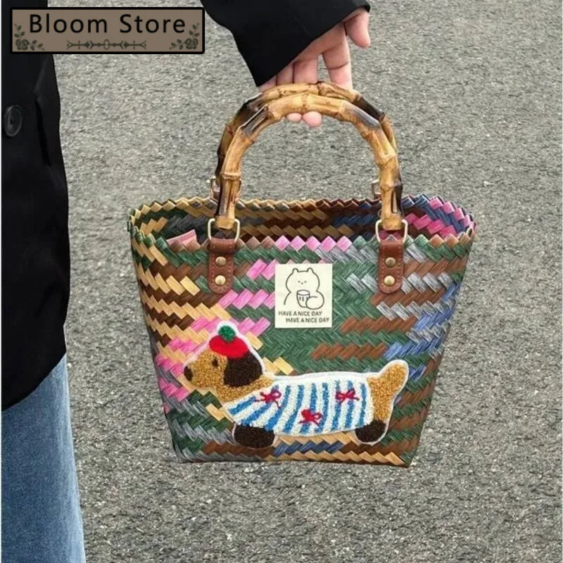 

Bloom Retro Cute Dachshund Tote Women Cartoon Embroidered Dog Fun Handbag Ladies Casual Large Capacity Woven Market Bag