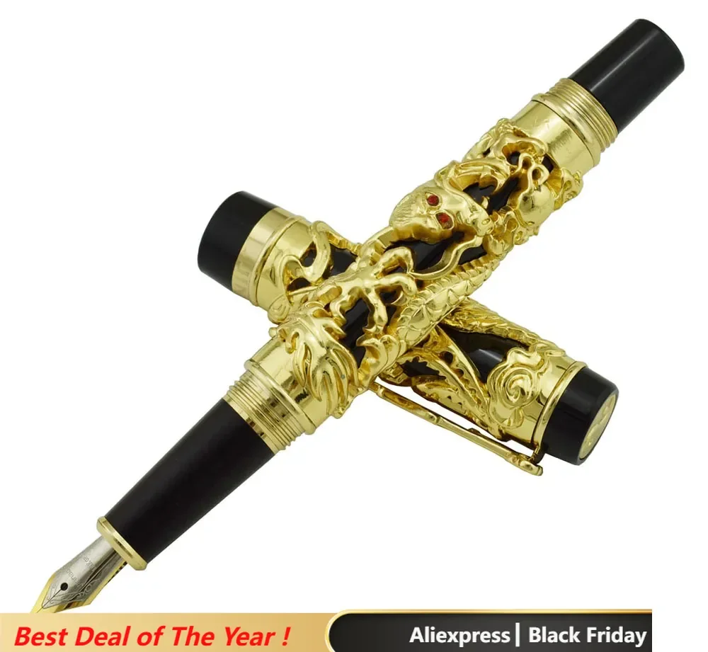 Jinhao Dragon Phoenix Vintage Luxurious Fountain Pen, Metal Carving Embossing Heavy Pen, Noble Golden & Black for Office School