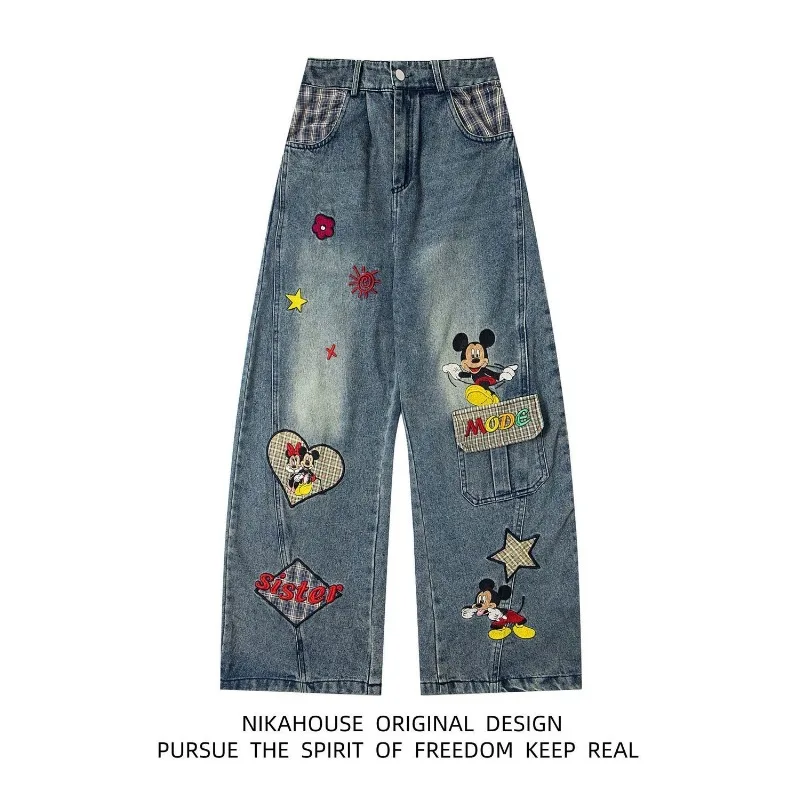 hosen New Mickey Jeans for Petite Women, Cartoon Embroidery, Denim Sickle Style, American Washed Retro Style, Loose Long Pants.