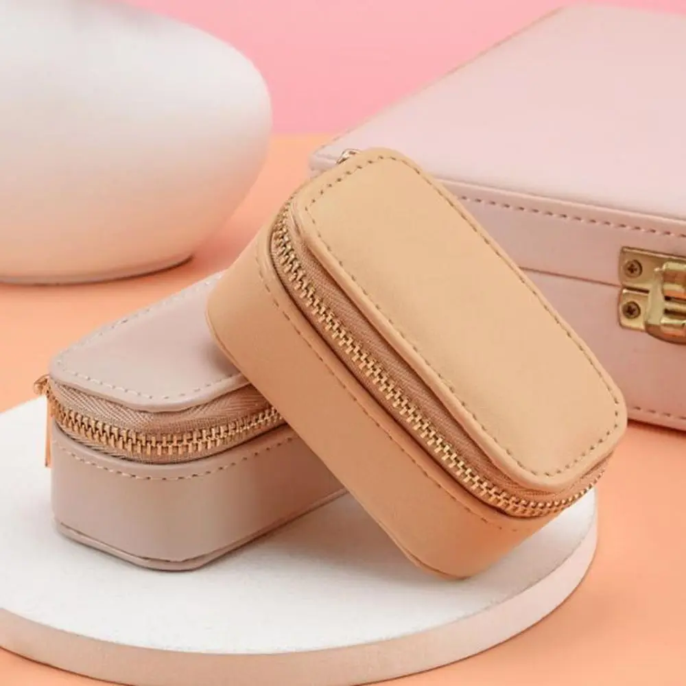 

Vintage Mini Portable Jewelry Box Zipper PU Leather Necklace Ring Case Square Jewelry Display Case Earring Organizer Outdoor