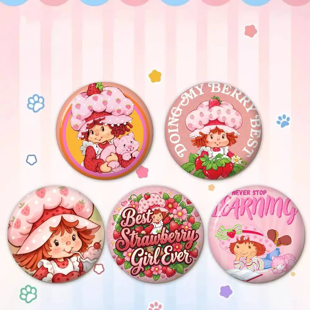 Cartoon Strawberry Shortcake Creative Pins Funny Round Snap-in Brooch Badge Backpack Hat Accessories Jewelry Gifts for Friend