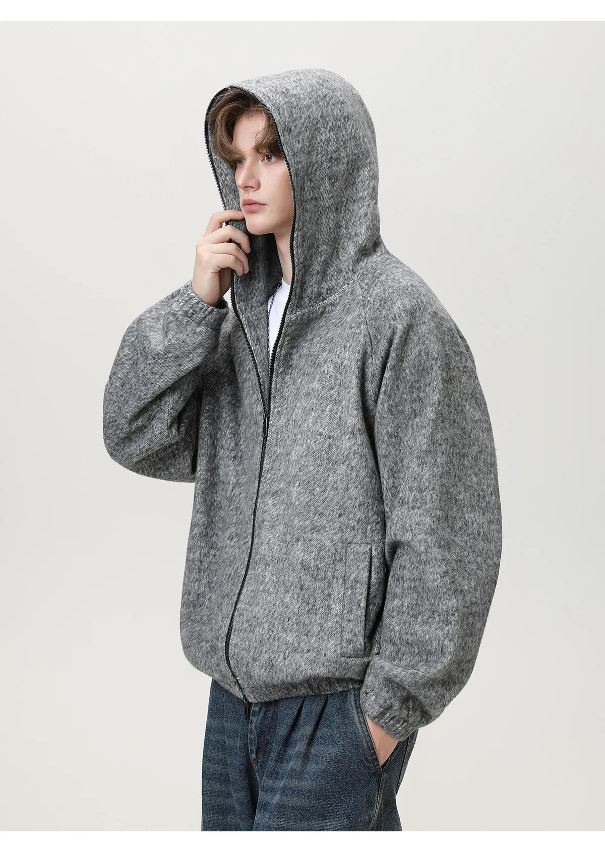 Texture Mohair Cardigan Hooded Jacket Men's Autumn Winter Contour Loose American Jacket Lazy Senior Sweater