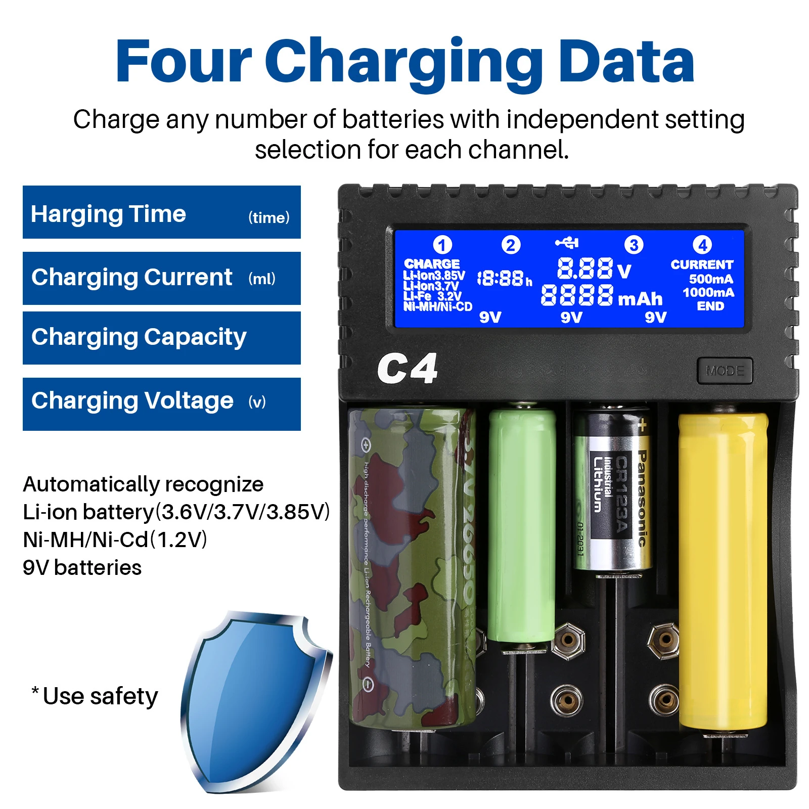 Multifunctional Li-ion Battery Nimh AA AAA 18650 9V Battery Charger C4