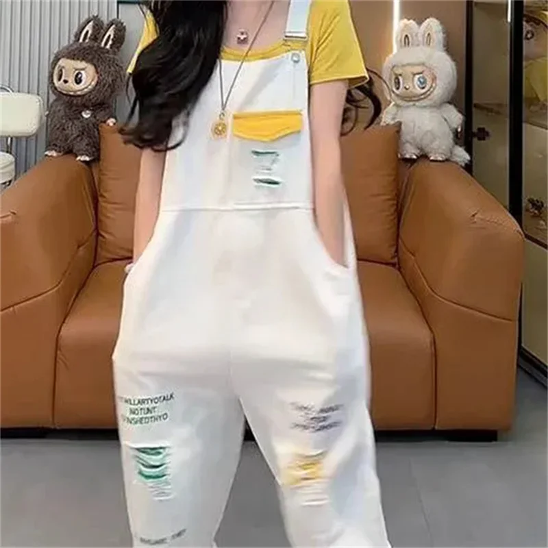 

Dopamine Explosion Street Hole Denim Overalls Women's Summer Version Design Sense Loose Jumpsuit Cropped Pants JJ1007