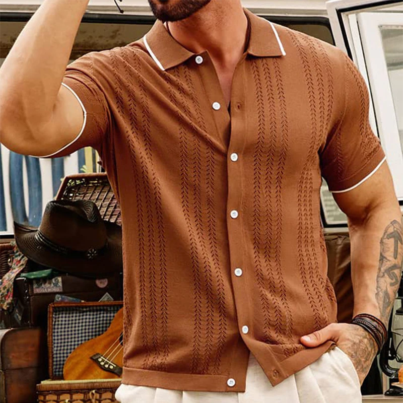 Retro Striped Knitted Lapel Mens Shirt Short-sleeved Buttoned Knitting Shirts For Men Summer Casual Slim Fit Knit Cardigan Tops