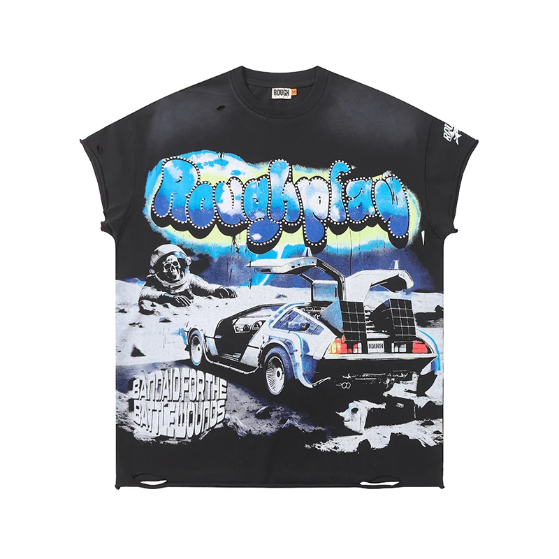 2026 New Arrival Rough Play Men's T-shirt Washed Used Scissors Sleeves Shoulders Skeleton Printed Tank Top