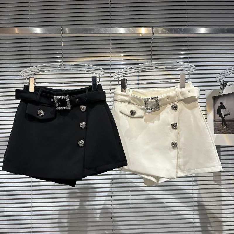 Spring New 2023 Love Metal Buckle Belt Irregular Black Short Suit s Women Socialite Shorts Female A-line Mini Skirt