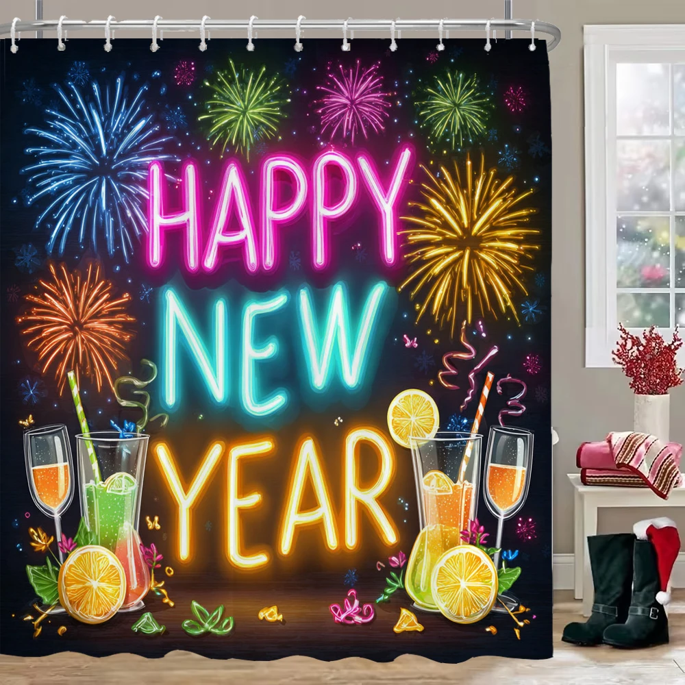 

Christmas Shower Curtain, Bathroom Decorative Christmas Happy New Year Shower Curtain, Waterproof Shower Curtain with Hooks