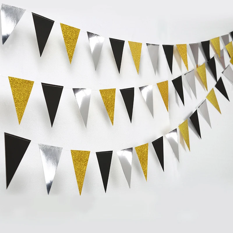 

3M Gold Silver Black New Year Party Triangle Flag Banner Bunting Garland Graduation Bachelorette Party Birthday Xmas Decor Flags