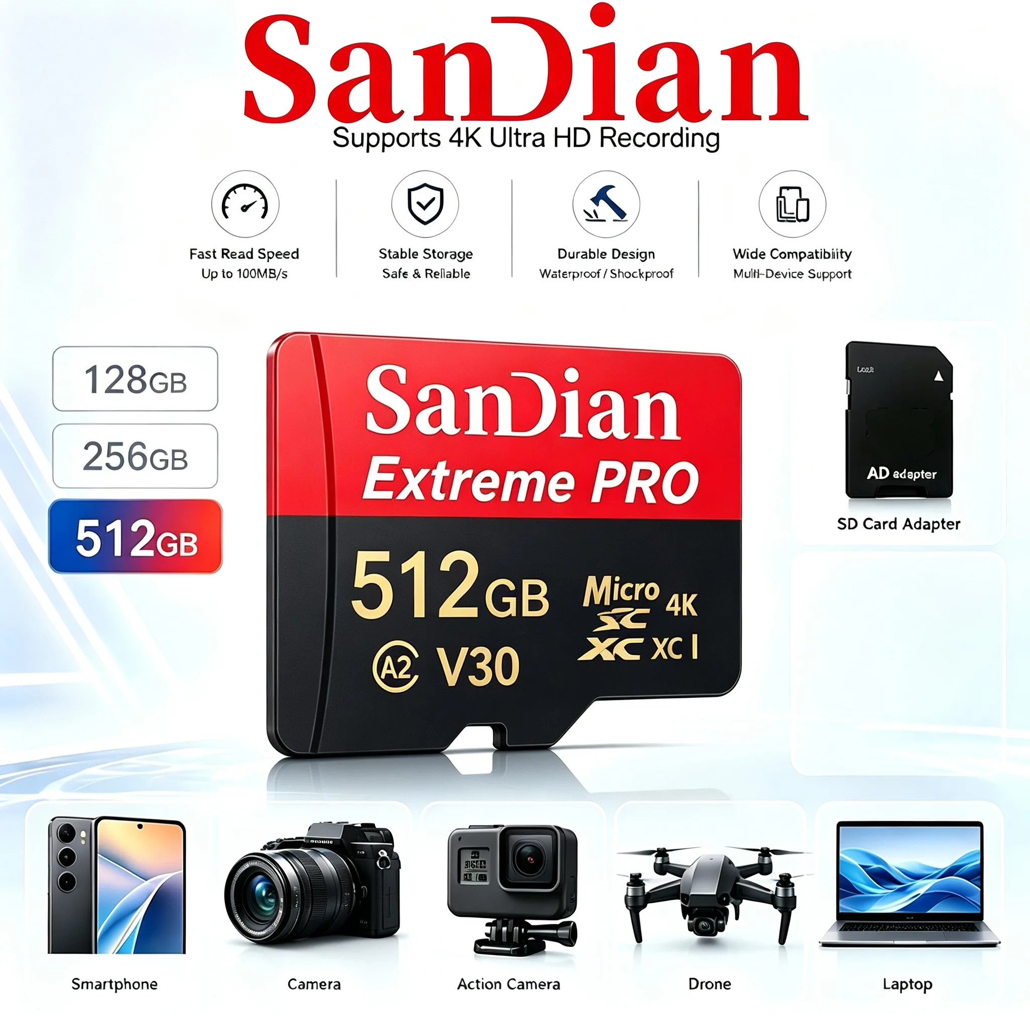 256GB 32GB 512GB Reliable Memory Card SD Cards TF Cards Micro TF SD Card U3 8K for Surveillance/PC/Gaming Console/MP3 Player