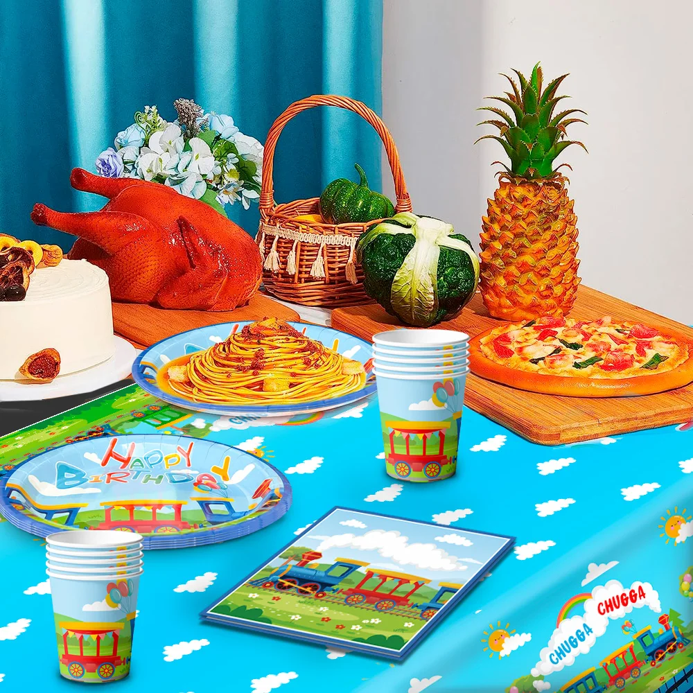 Train Birthday Party Supplies,66pcs Decorations Tableware Set - Train Plates and Cups Napkins & Banner Tablecloth etc