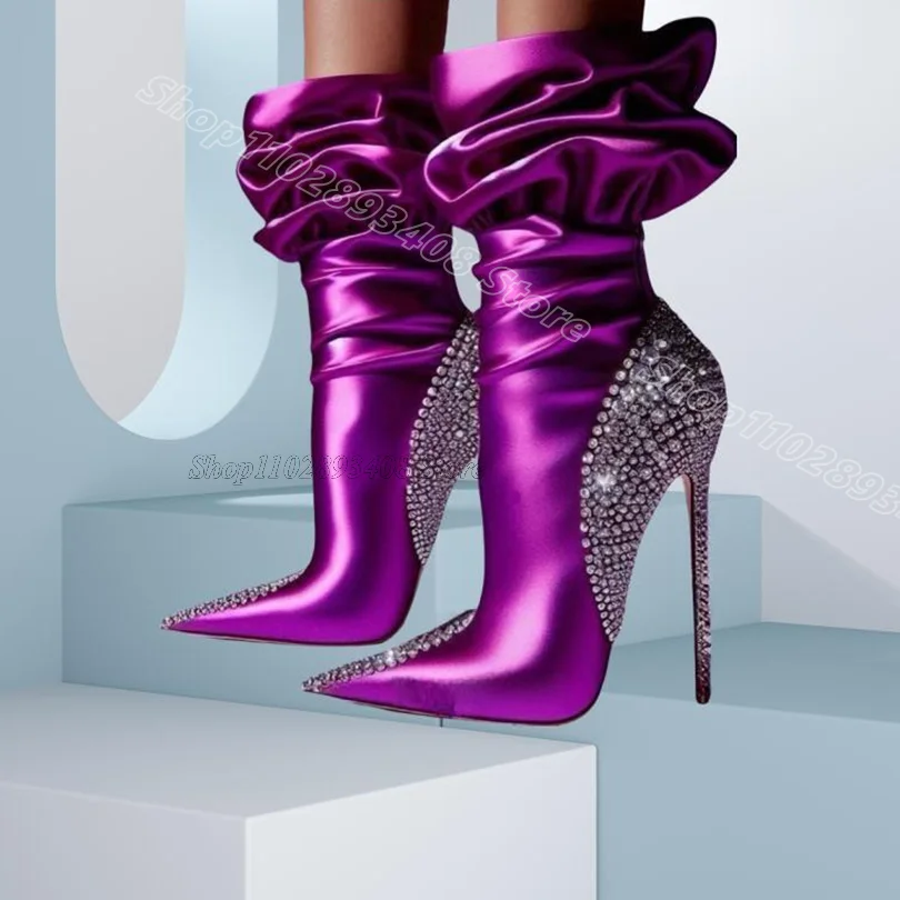 

Purple Trim Rhinestone Decor Ankle Boots Pointed Toe Silk Party Dress British Style Sexy Spring Women Boots Zapatos Para Mujere
