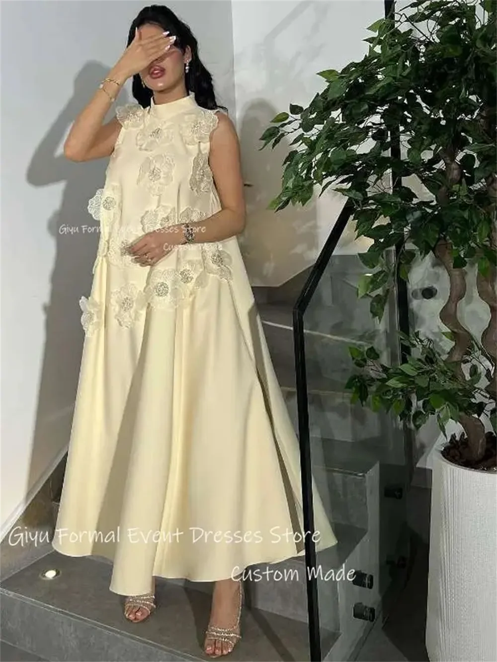 Giyu Saudi Arabic Women Evening Dresses Yellow 3D Flowers High neck Satin Ankle Length Formal occasion Dress Party Event Gowns