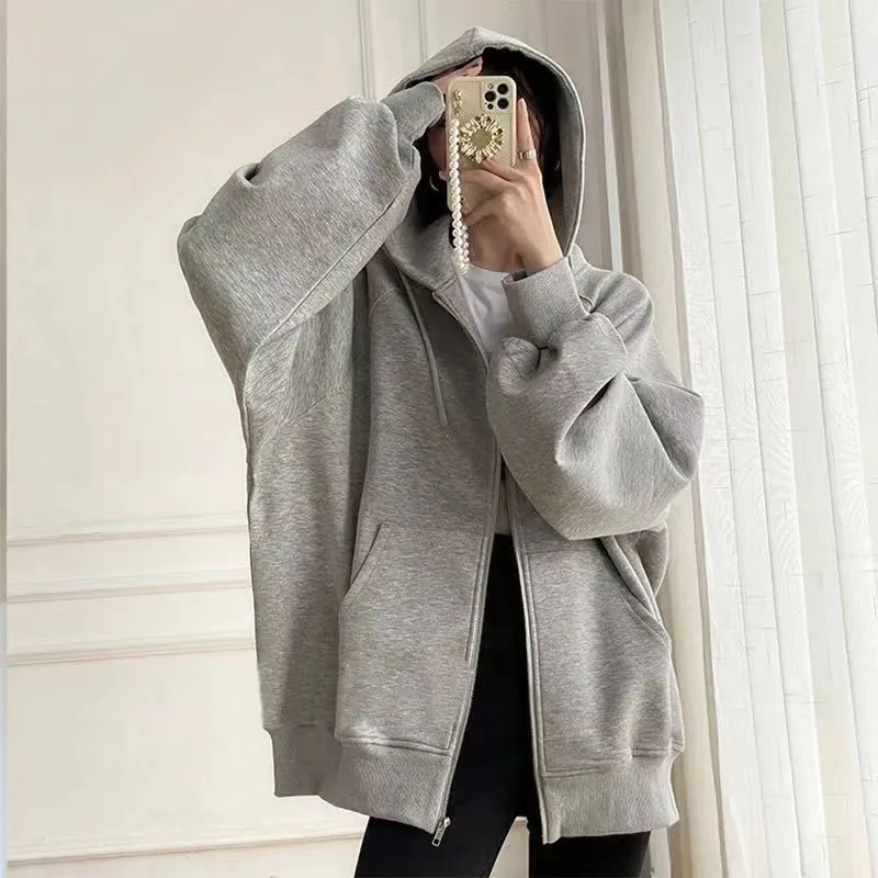 Casual Hooded Sweatshirt Female Thicken Fleece Warm Loose Coats Black Gray Zip-Up Hoodies Women Autumn Winter Oversized