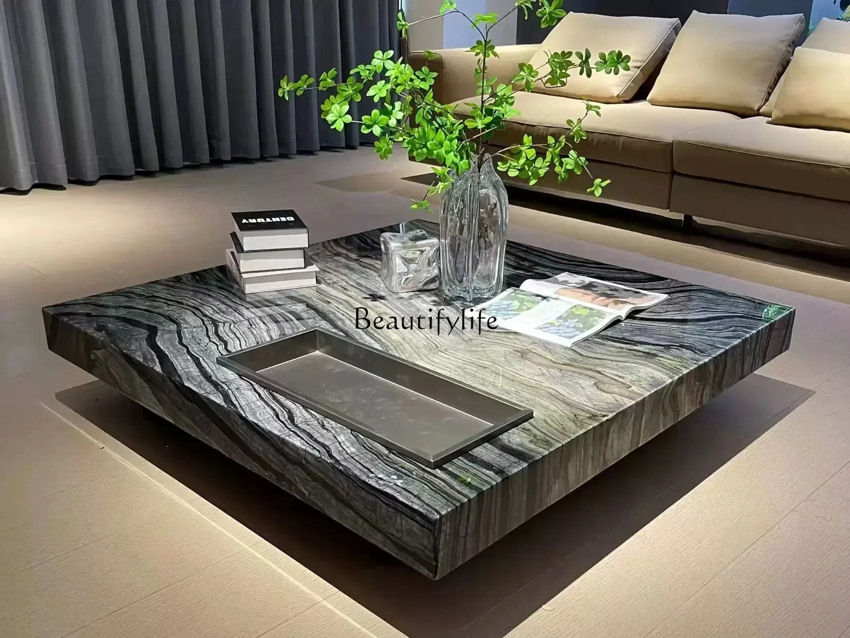 

Z.**Italian minimalist stainless steel square natural stone coffee table marble coffee table