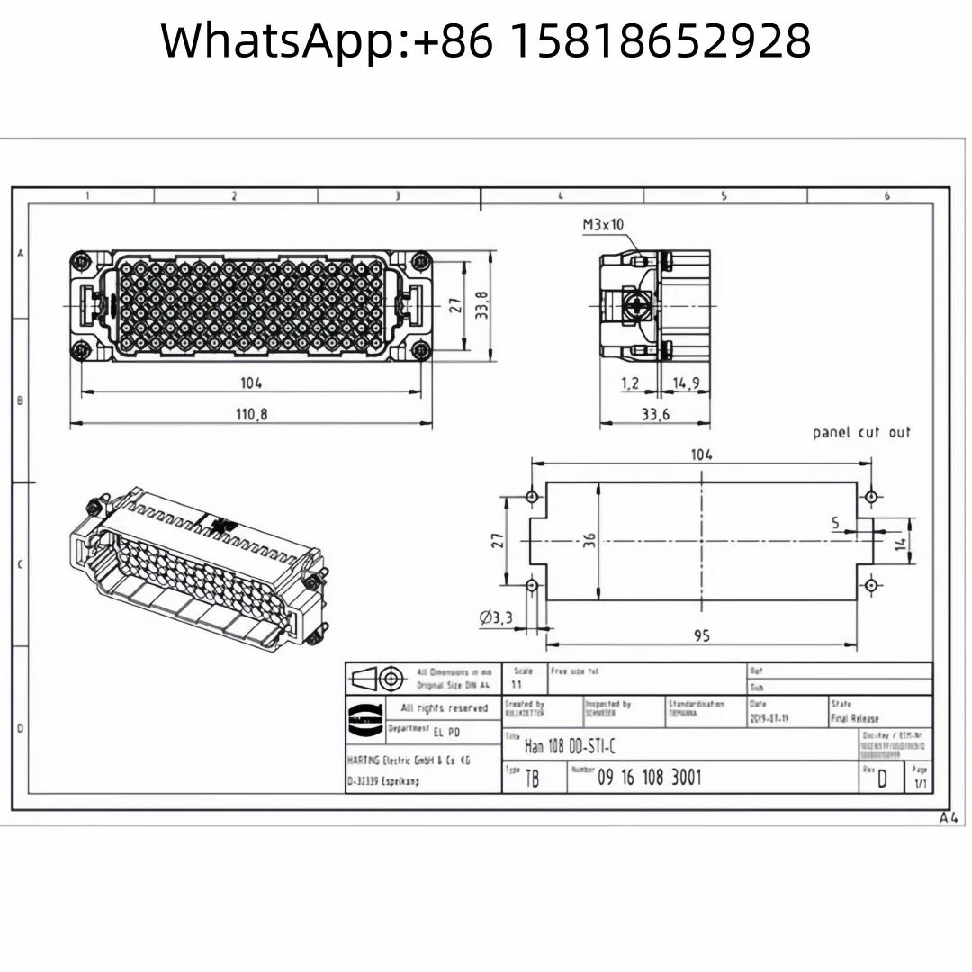 1pcs 09161083001 HAN 108 DD HARTING 108 Pin Male Multicore Connectors