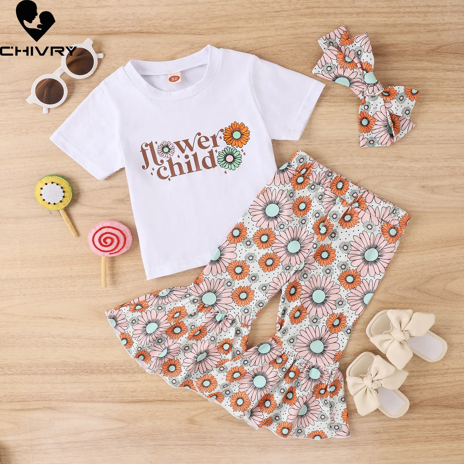 Baby Mädchen Kleidung Setzt Neue 2023 Sommer Mädchen Cartoon Kurzarm Oansatz T-shirt Tops mit Fashion Floral Print Ausgestelltes Hosen