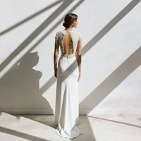 Simple Mermaid Bridal Gown Deep V Floral Lace Cap Sleeve Sheer Waist Cutout Back Buttons Soft Chiffon Custom Beach Wedding Dress - Image 5